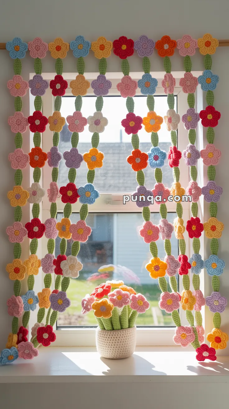 Crocheted flower curtain with colorful flowers and green stems draped over a window, with a crocheted flower pot on the windowsill.