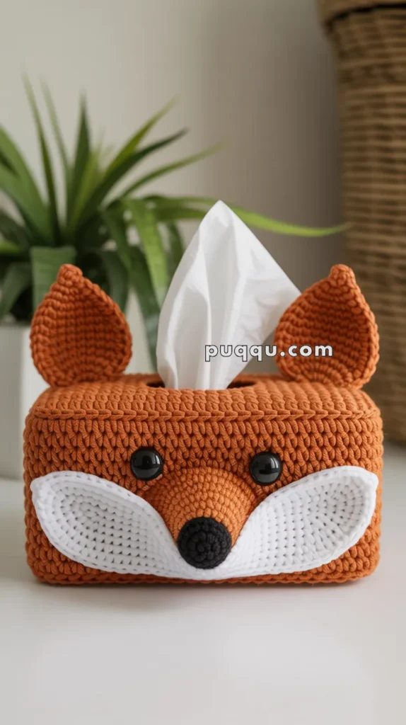 A crocheted tissue box cover designed to look like a fox, featuring orange yarn for the body, white yarn for the cheeks, black buttons for eyes, and pointed ears. A tissue peeks out from the top. A plant and a wicker basket are blurred in the background.