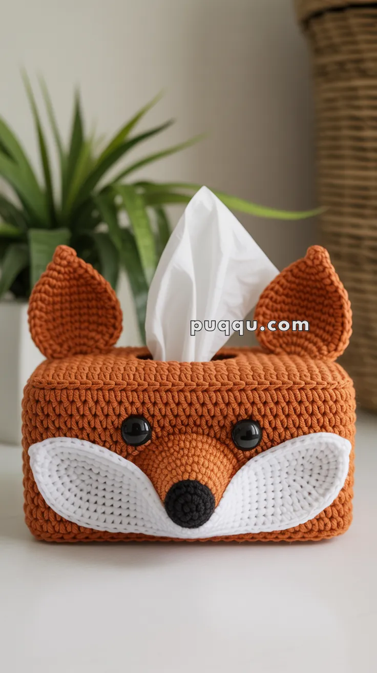 A crocheted tissue box cover designed to look like a fox, featuring orange yarn for the body, white yarn for the cheeks, black buttons for eyes, and pointed ears. A tissue peeks out from the top. A plant and a wicker basket are blurred in the background.