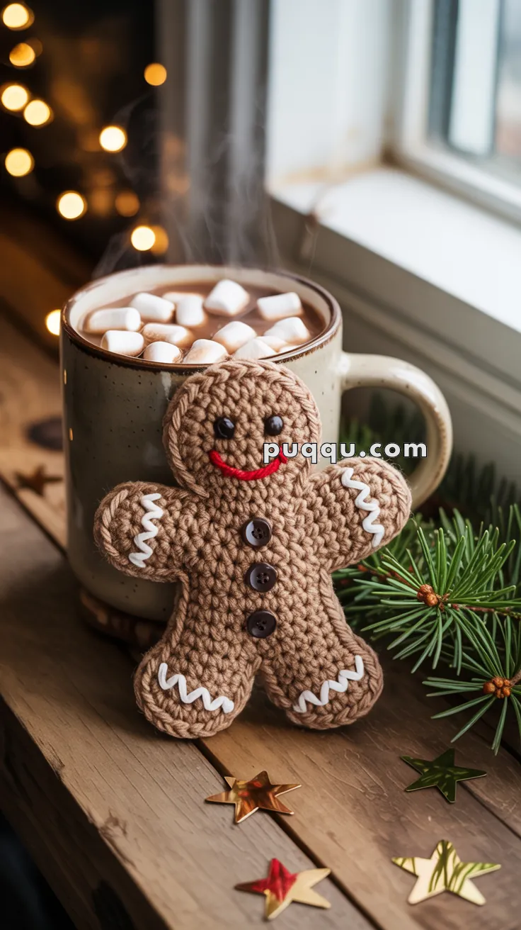 A crocheted gingerbread man decoration rests next to a steaming mug of hot chocolate topped with marshmallows, on a wooden surface adorned with festive stars and evergreen branches.