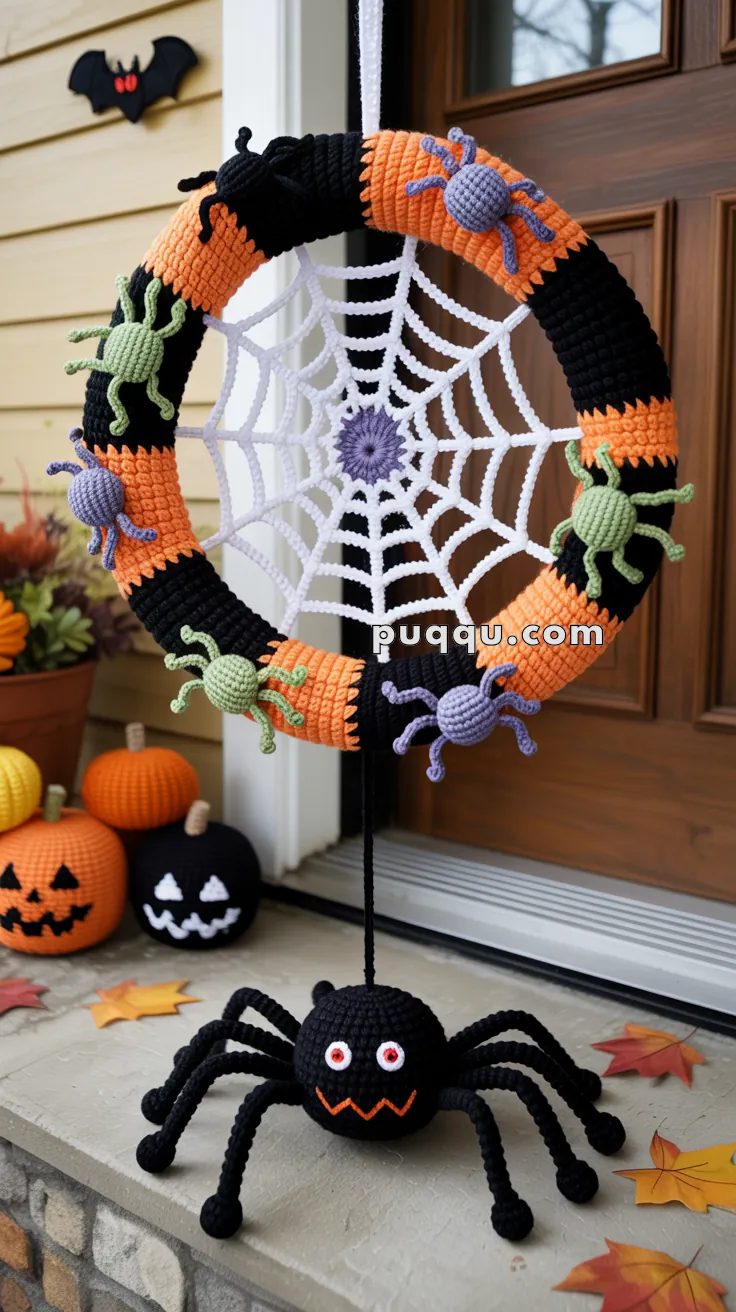 A Halloween-themed crochet wreath featuring a spider web and several colorful crocheted spiders in black, green, and purple. Below the wreath, a large crocheted black spider hangs, with smiling features. The wreath is displayed on a front porch with crocheted pumpkins in the background and autumn leaves scattered on the ground.