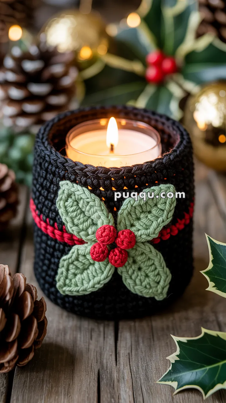 A candle in a glass holder wrapped in a knitted black cover with red accents, decorated with crocheted green leaves and red berries, surrounded by pine cones and festive holiday decorations on a wooden surface.
