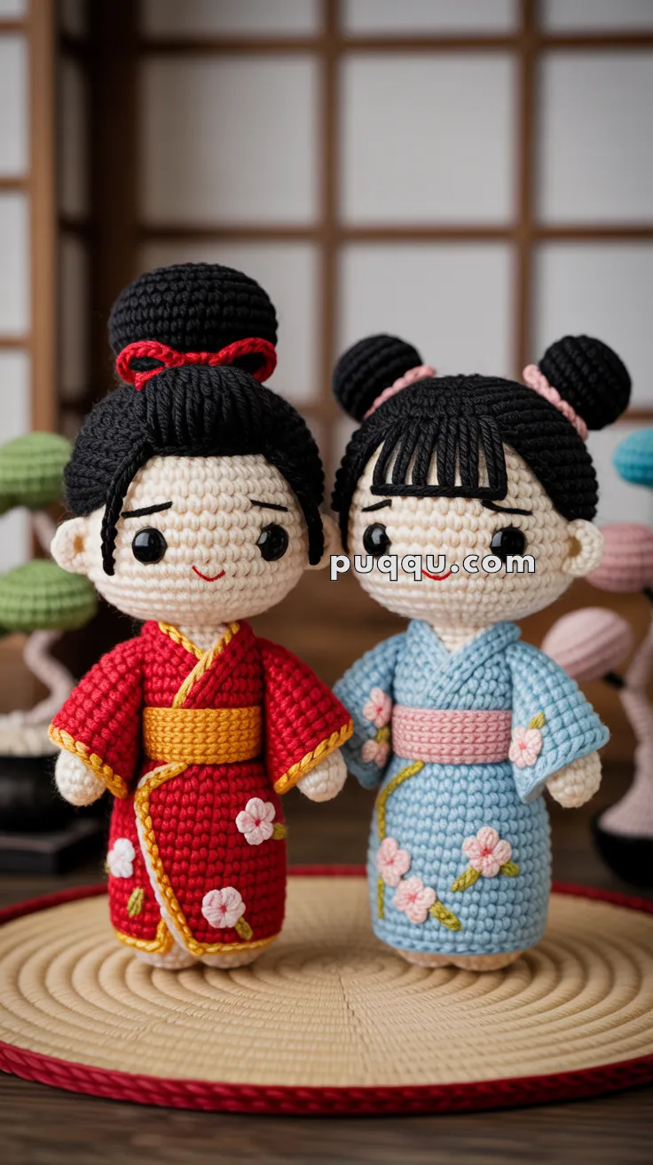 Two amigurumi dolls wearing traditional Japanese kimonos stand on a woven mat. The doll on the left wears a red kimono with a yellow trim and floral patterns, with a red hair bow. The doll on the right wears a blue kimono with a pink obi and matching floral patterns. Both dolls have black hair styled in buns.
