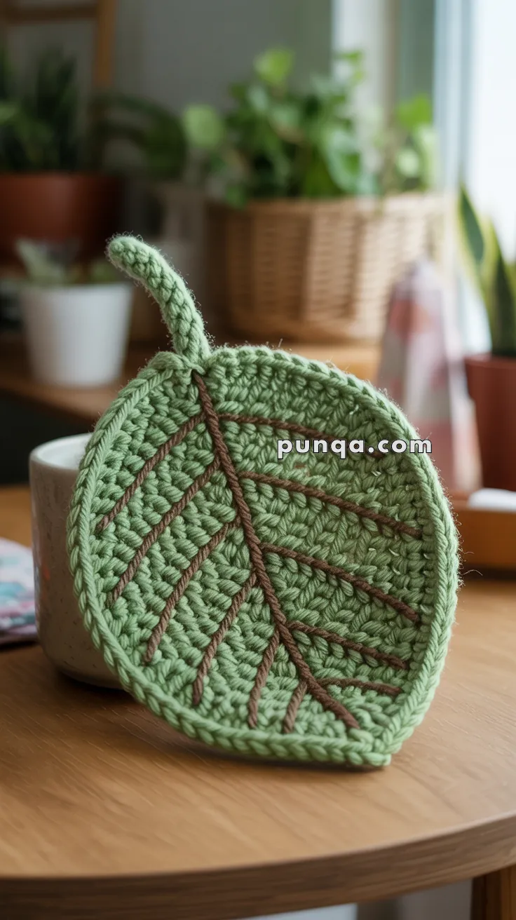 A crocheted green pot holder in the shape of a leaf with brown vein patterns, placed on a wooden surface amid potted plants in soft-focus in the background.
