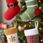 Four crocheted Christmas stockings hanging from a decorated Christmas tree, featuring various designs such as a Santa-themed stocking, a green stocking with red accents and holly, a white and golden stocking with a snowflake, and a brown stocking with red buttons.
