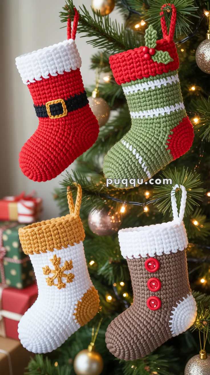Four crocheted Christmas stockings hanging from a decorated Christmas tree, featuring various designs such as a Santa-themed stocking, a green stocking with red accents and holly, a white and golden stocking with a snowflake, and a brown stocking with red buttons.