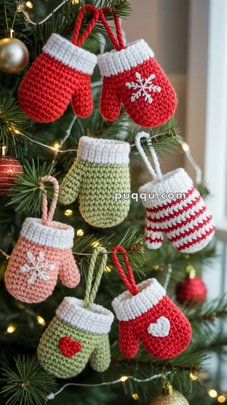 Crocheted mitten ornaments in various colors and patterns hang on a Christmas tree.