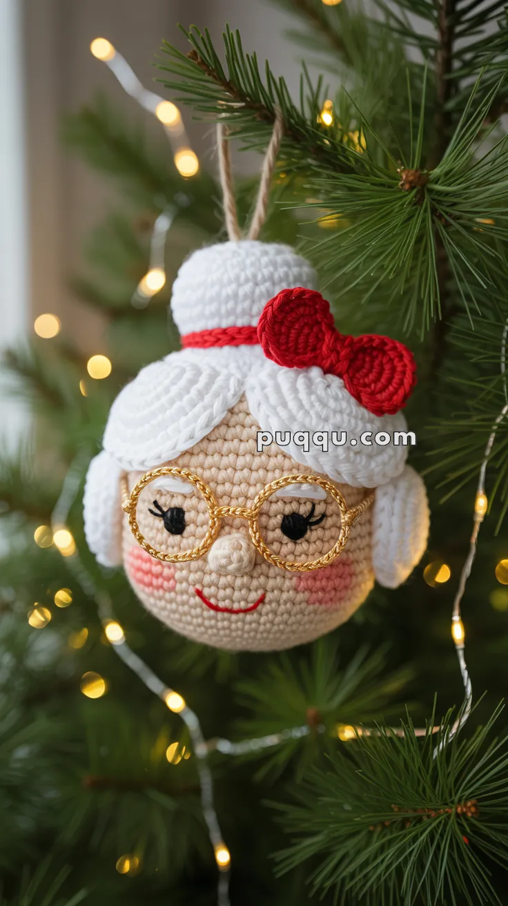 A crocheted ornament of an elderly woman with glasses and a red bow, hanging on a Christmas tree branch with lights.