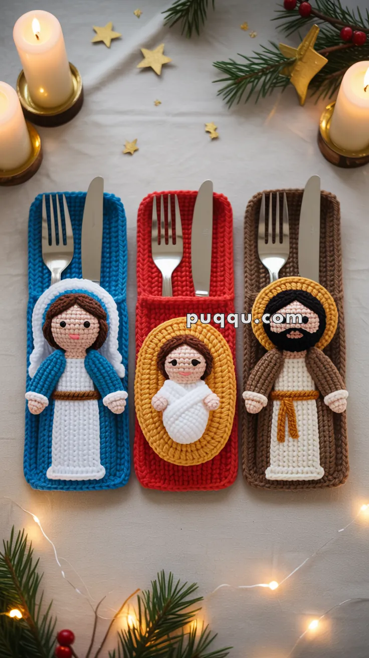 Three crocheted cutlery holders featuring nativity figures: one with a blue background depicting Mary, one with a red background depicting baby Jesus, and one with a brown background depicting Joseph, surrounded by Christmas decor with candles and lights.