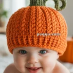 A smiling baby wearing a knitted orange pumpkin hat with a green stem and curly vine detail, set in a softly lit room.