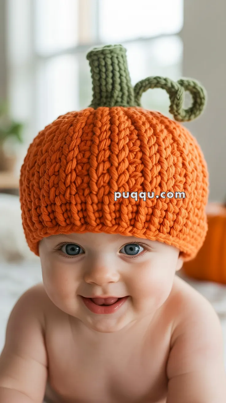A smiling baby wearing a knitted orange pumpkin hat with a green stem and curly vine detail, set in a softly lit room.