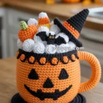 Crocheted orange pumpkin-shaped mug with a smiling jack-o'-lantern face, filled with crocheted Halloween-themed decorations including a witch's hat, candy corn, a bat, and a small pumpkin, placed in a kitchen setting.