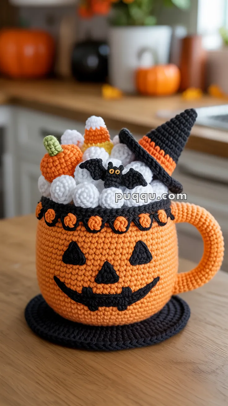 Crocheted orange pumpkin-shaped mug with a smiling jack-o'-lantern face, filled with crocheted Halloween-themed decorations including a witch's hat, candy corn, a bat, and a small pumpkin, placed in a kitchen setting.
