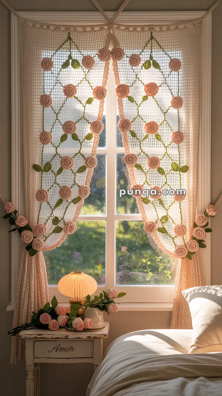 A cozy bedroom scene with crochet curtains decorated with pink crochet roses in front of a sunlit window. The window overlooks lush greenery outside. Below the window is a small white table with a soft-glowing lamp and a bouquet of pink roses, with the word "Amor" inscribed on the table. A portion of a bed with white bedding is visible in the foreground.