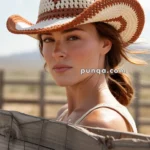A person wearing a woven cowboy hat and light tank top leans against a wooden fence in a rural outdoor setting.