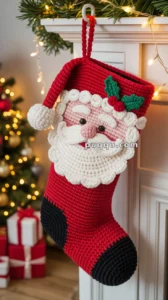 A handmade crochet Christmas stocking featuring a Santa Claus design, hanging on a fireplace mantel with decorative greenery and fairy lights. In the background, there is a Christmas tree adorned with ornaments and a few wrapped presents nearby.