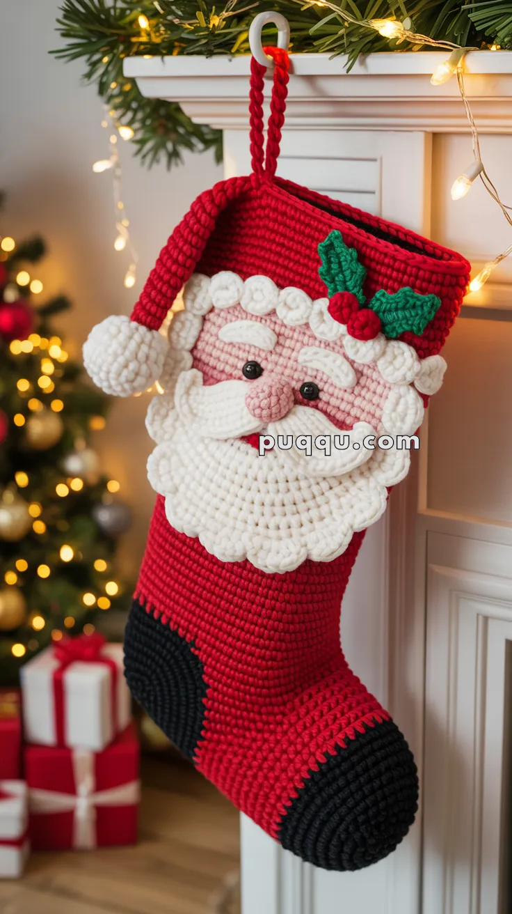A handmade crochet Christmas stocking featuring a Santa Claus design, hanging on a fireplace mantel with decorative greenery and fairy lights. In the background, there is a Christmas tree adorned with ornaments and a few wrapped presents nearby.