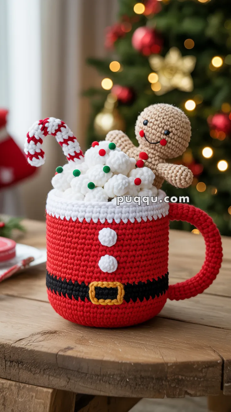 A crocheted mug designed to look like a Santa suit, filled with crocheted whipped cream, colorful sprinkles, a candy cane, and a smiling gingerbread man, set on a wooden table with a Christmas tree in the background.
