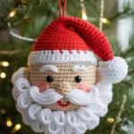 A crocheted Santa Claus ornament hanging on a Christmas tree, with a red hat, white beard, and cheerful facial features, surrounded by green pine needles and festive lights.