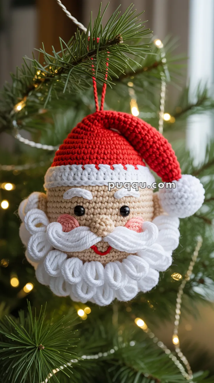 A crocheted Santa Claus ornament hanging on a Christmas tree, with a red hat, white beard, and cheerful facial features, surrounded by green pine needles and festive lights.