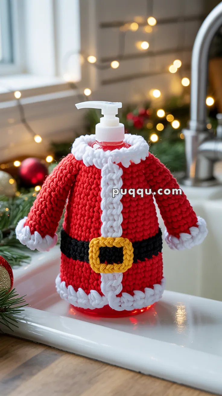A soap dispenser dressed in a crocheted cover resembling a Santa Claus outfit, featuring red fabric with white trim and a yellow belt buckle, set on a kitchen counter with festive decorations and lights in the background.