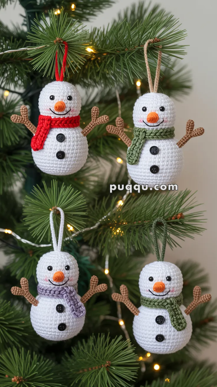 Crocheted snowman ornaments with carrot noses, button eyes, and twig arms, wearing scarves in red, green, purple, and also green, are hanging on a Christmas tree adorned with lights.