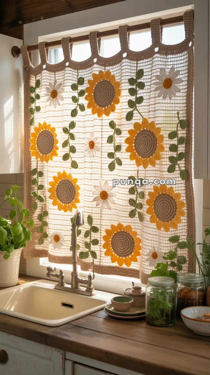 Crocheted kitchen curtain with sunflower and daisy patterns hangs in front of a window, casting light into the room, with a white sink and potted plants below.