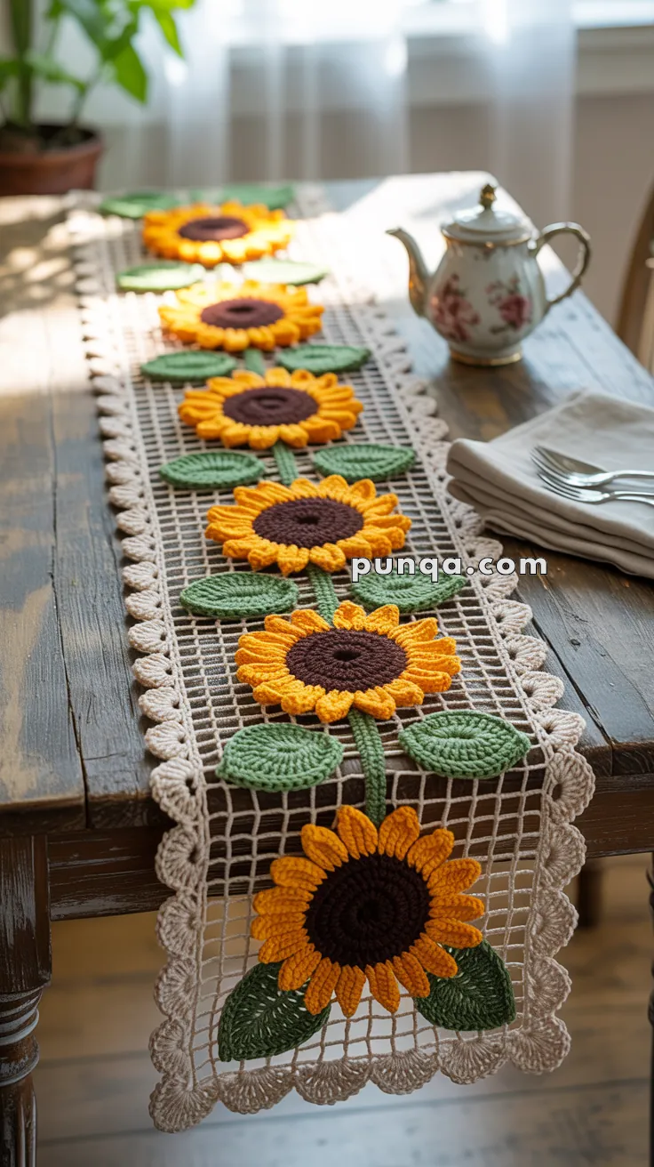 A table runner featuring a crocheted sunflower design with yellow petals and brown centers, accented by green leaves, placed on a wooden table alongside a decorative teapot and napkins with cutlery.