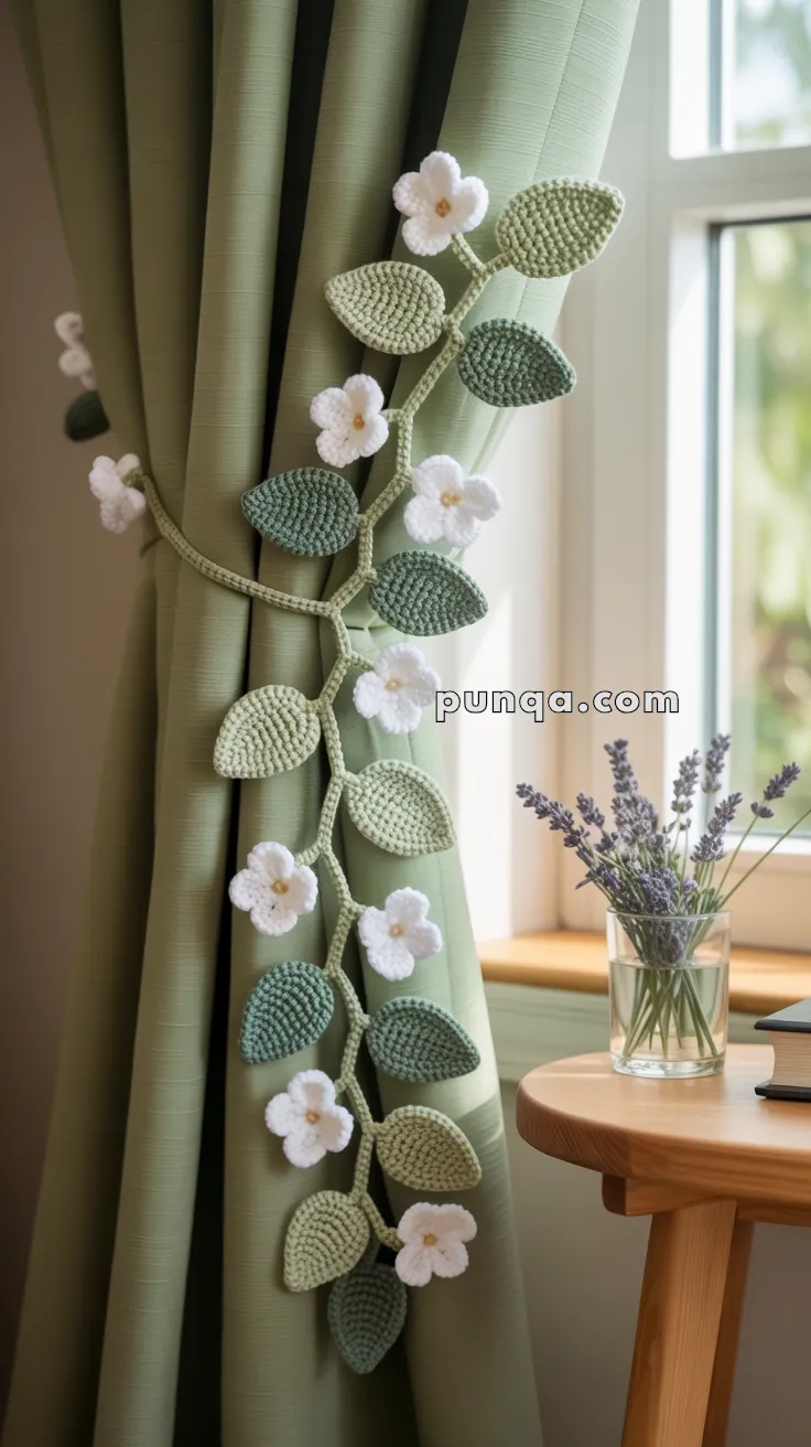 A green curtain is held back with a decorative crochet tie featuring green leaves and white flowers. A small bouquet of lavender in a glass vase sits on a nearby wooden table next to a book.