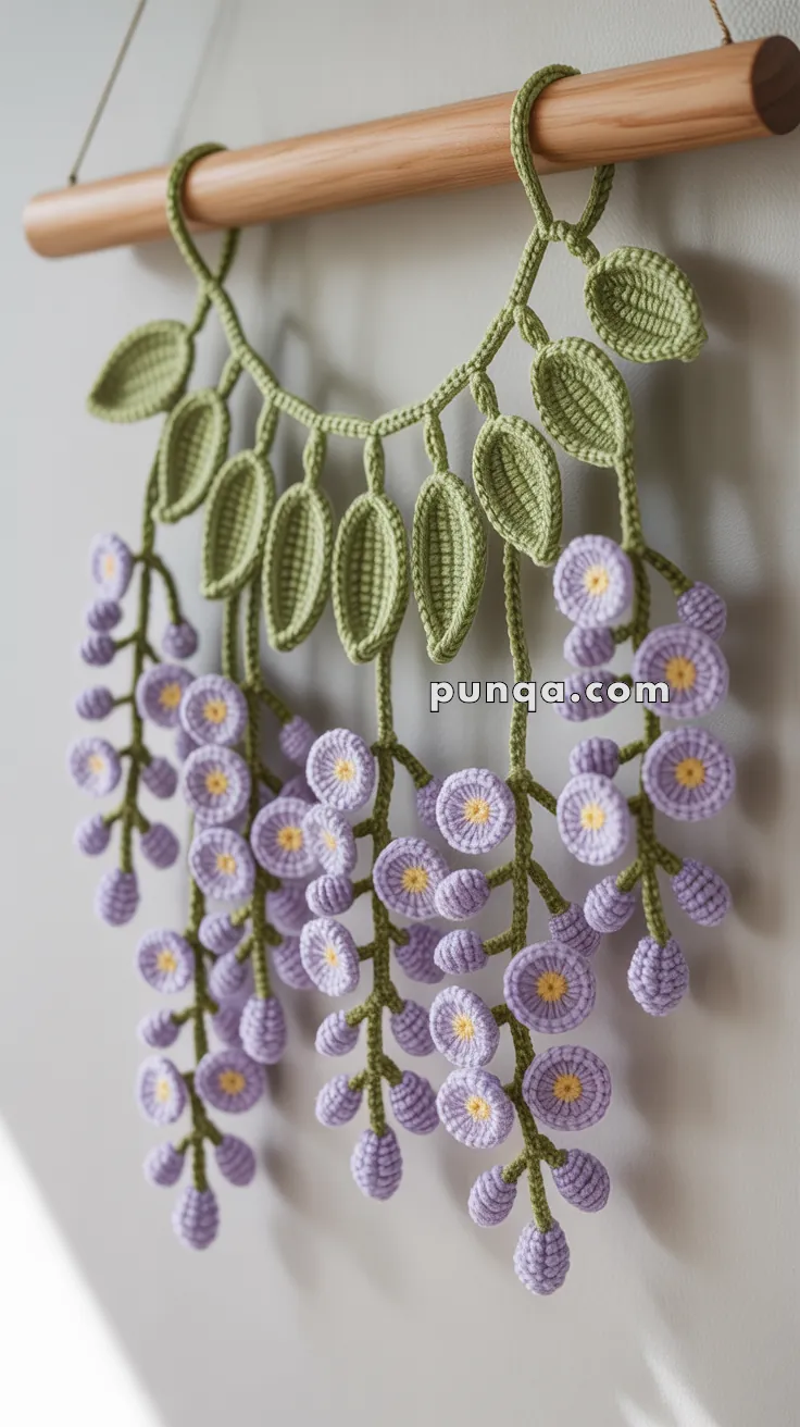 Crocheted wall hanging depicting lavender wisteria flowers with green leaves, suspended from a wooden rod.