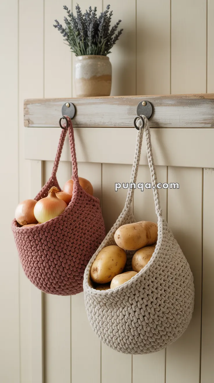 Two knitted hanging baskets filled with onions and potatoes, suspended on a rustic wooden shelf with a pot of lavender in the background.