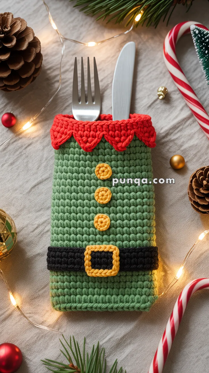 A crocheted cutlery holder resembling an elf's outfit, with green fabric, red scalloped trim, yellow buttons, and a black belt, holding a fork and knife, surrounded by festive Christmas decorations including pinecones, a candy cane, and string lights.