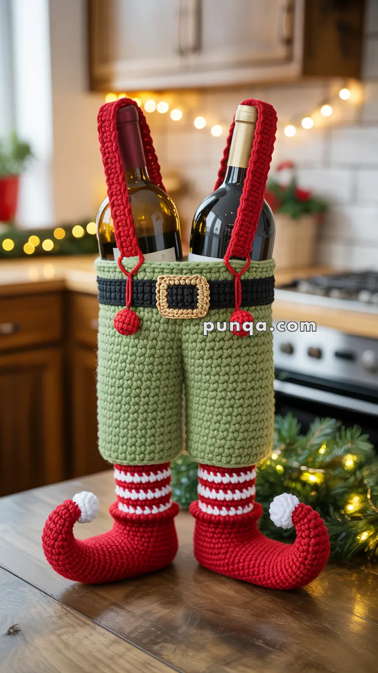 Two wine bottles wrapped in a crochet holder shaped like elf pants, complete with suspenders, in a festive kitchen setting with holiday lights.