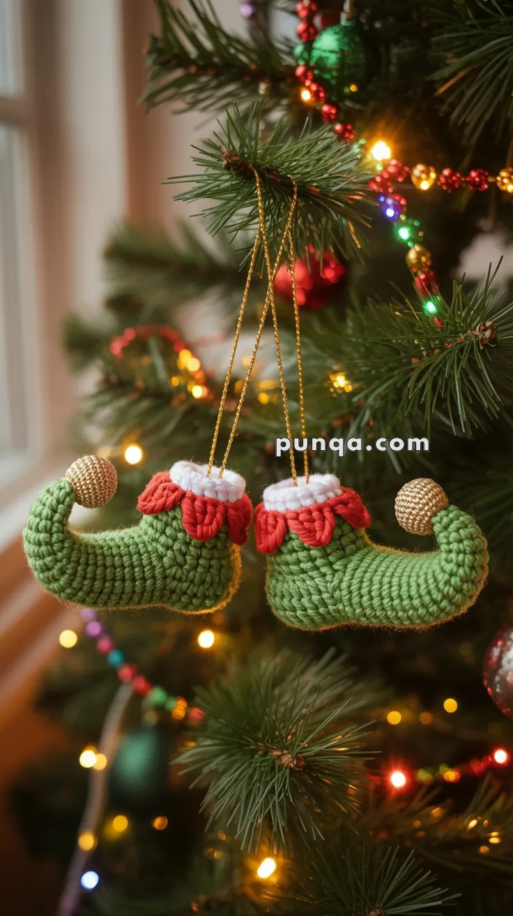 Two crocheted elf shoe ornaments in green with red and white detailing, hanging on a decorated Christmas tree with lights and baubles.