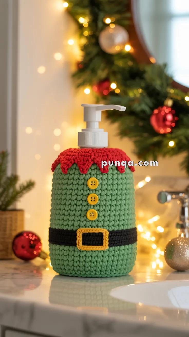 A soap dispenser covered with a crocheted Christmas elf costume, featuring red trim, yellow buttons, and a black belt with a yellow buckle, surrounded by festive holiday decorations including a garland and baubles.