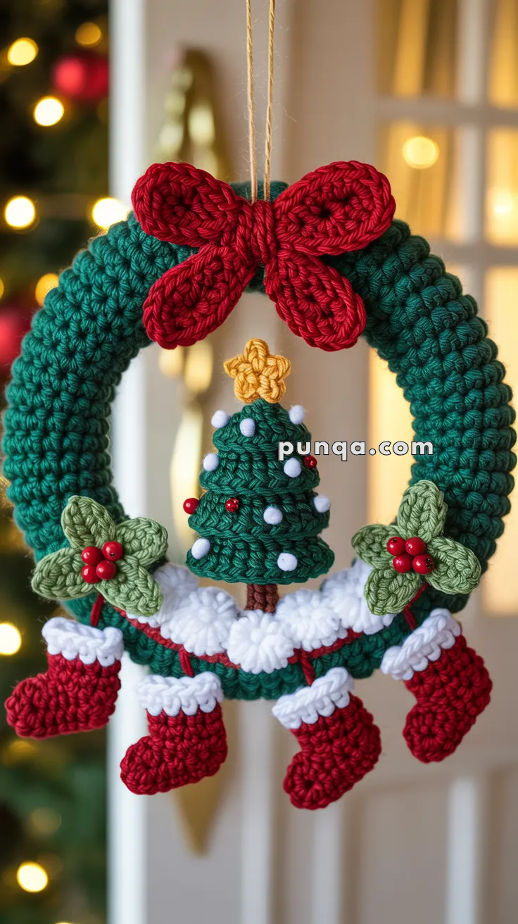 A crocheted Christmas wreath featuring a green circle with a red bow on top. Inside the wreath hangs a small crocheted Christmas tree decorated with white and red embellishments, surrounded by tiny stockings and leaves with red berries. It is displayed against a warmly lit background.
