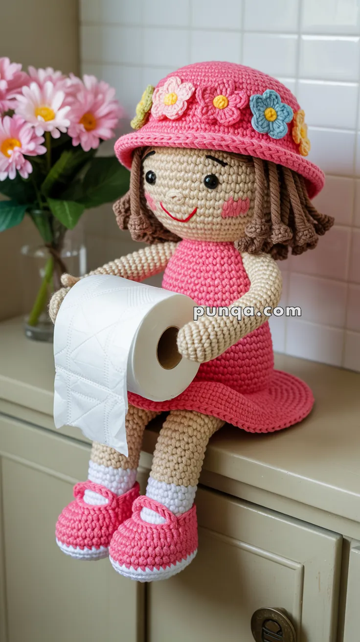 A crocheted doll with a pink dress and hat adorned with colorful flowers, holding a roll of toilet paper, sits on a bathroom cabinet next to a vase of pink flowers.
