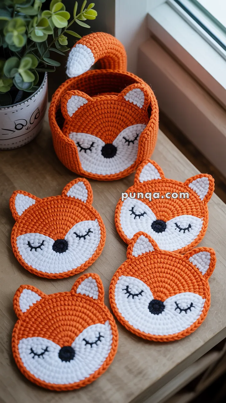 Crocheted orange and white fox-themed coasters with closed eyes, arranged around a matching crocheted basket with a fox design, on a wooden surface next to a plant.