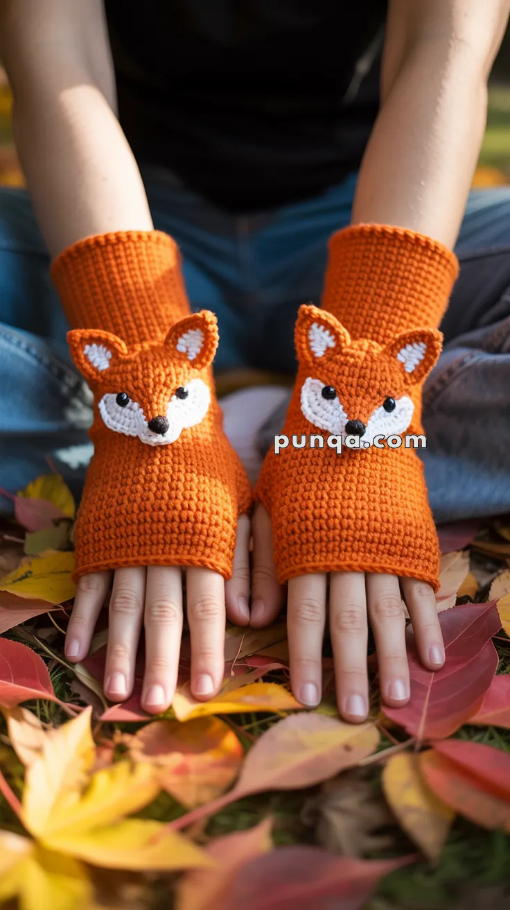 A pair of hands wearing orange knitted fingerless gloves with fox faces, surrounded by colorful autumn leaves on the ground.