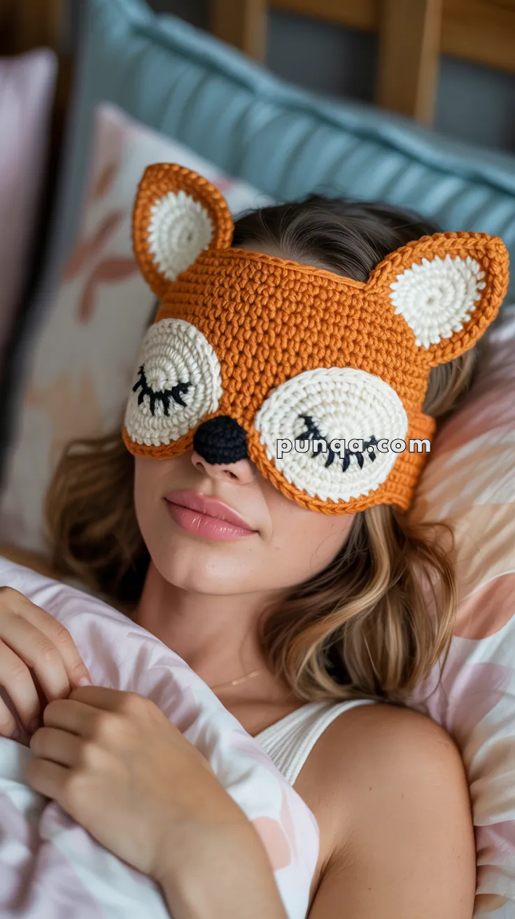 A person lying in bed wearing an orange crochet fox-themed sleep mask with closed eyes and ears.