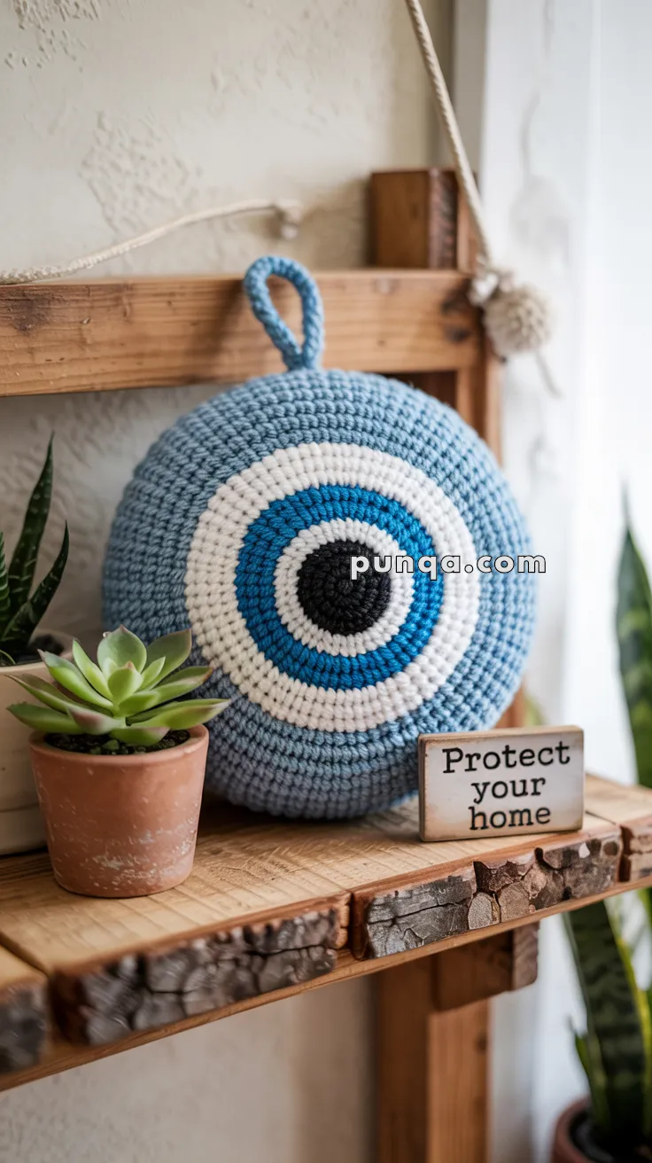 A crochet evil eye hanging decoration in blue and white colors is displayed on a wooden shelf next to a potted succulent and a small sign with the text "Protect your home."