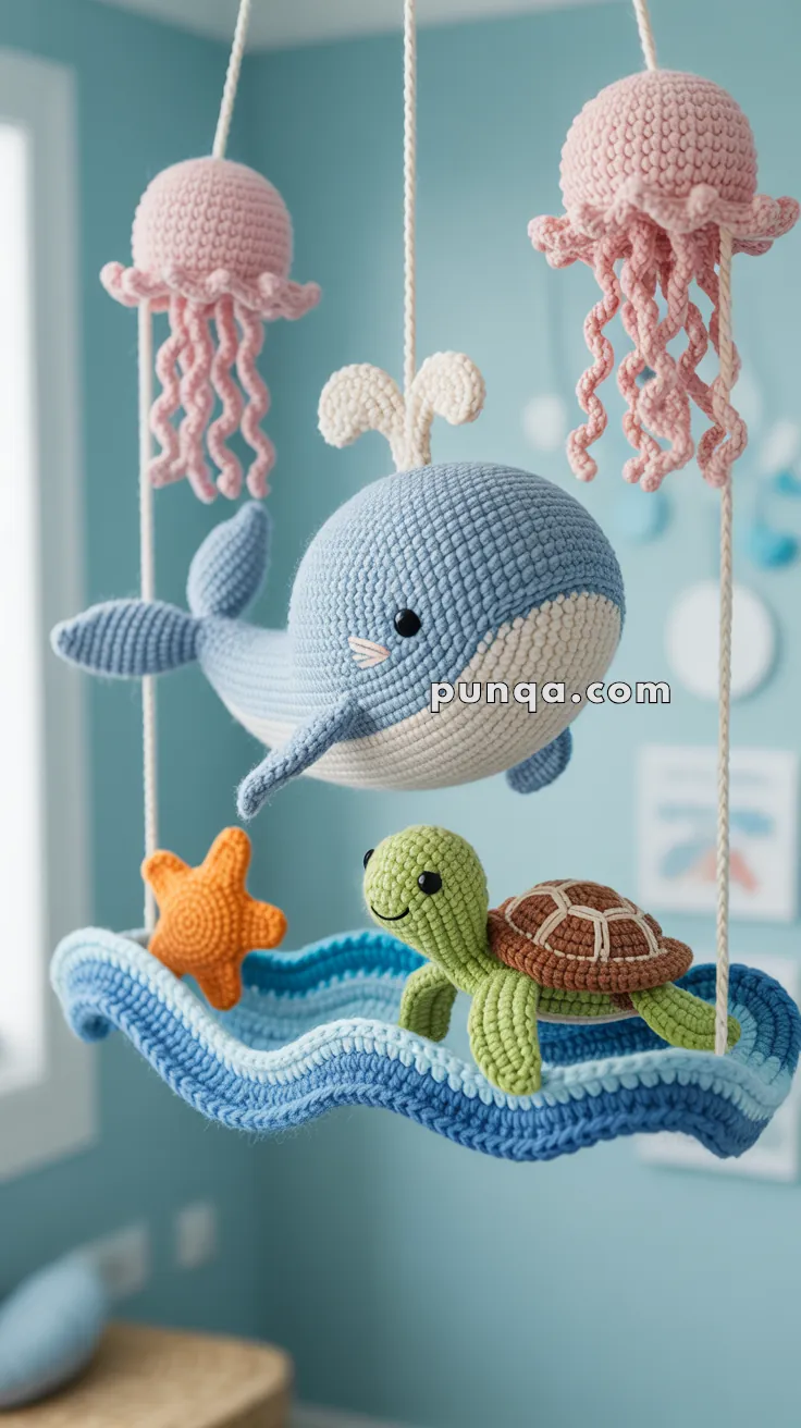 A crochet mobile featuring a blue whale, a green turtle, and a starfish on a wave, with pink jellyfish hanging above them, set in a light blue room.