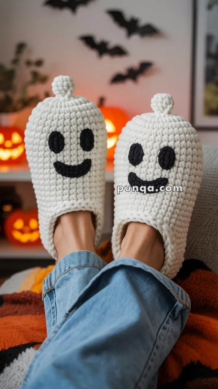 Person wearing knitted white slippers shaped like smiling ghosts with black eyes and mouths, sitting on a couch with a festive Halloween background of jack-o'-lanterns and bat decorations.
