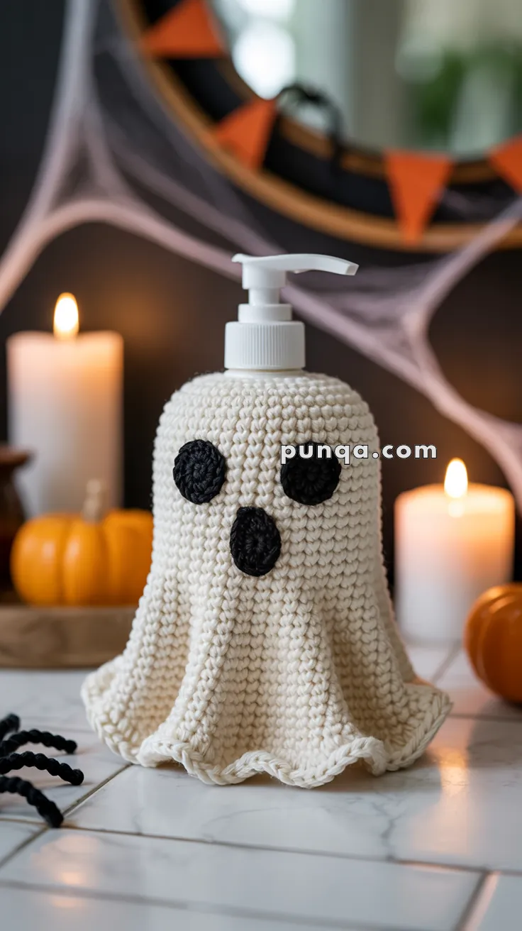 A soap dispenser covered with a knitted ghost-themed cover, featuring black crochet eyes and mouth, surrounded by Halloween decorations like small pumpkins, candles, and a spider, set on a tiled surface.