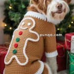 A dog wearing a gingerbread-themed sweater sits in front of a decorated Christmas tree with presents around it.