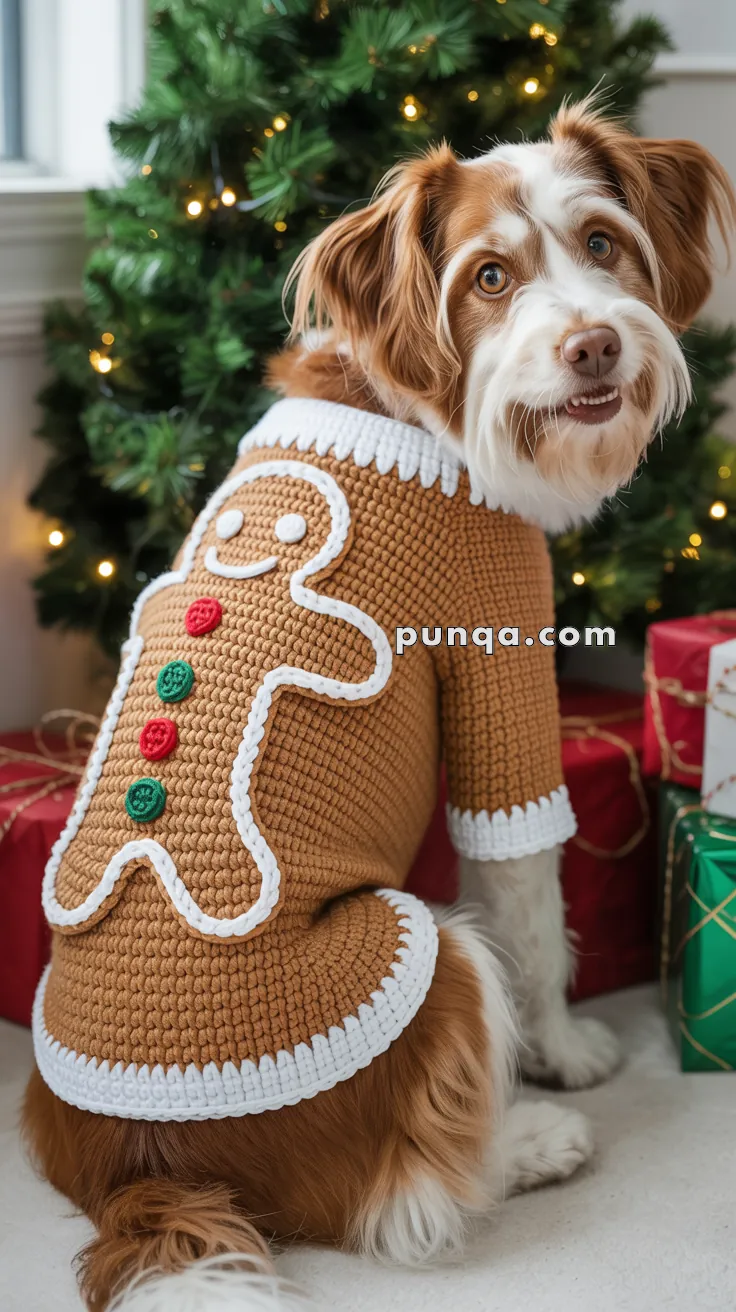 A dog wearing a gingerbread-themed sweater sits in front of a decorated Christmas tree with presents around it.