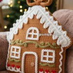 Crocheted pillow shaped like a gingerbread house with white icing details, green vines, and red accents, resting on a plush surface, with a blurred Christmas tree in the background.