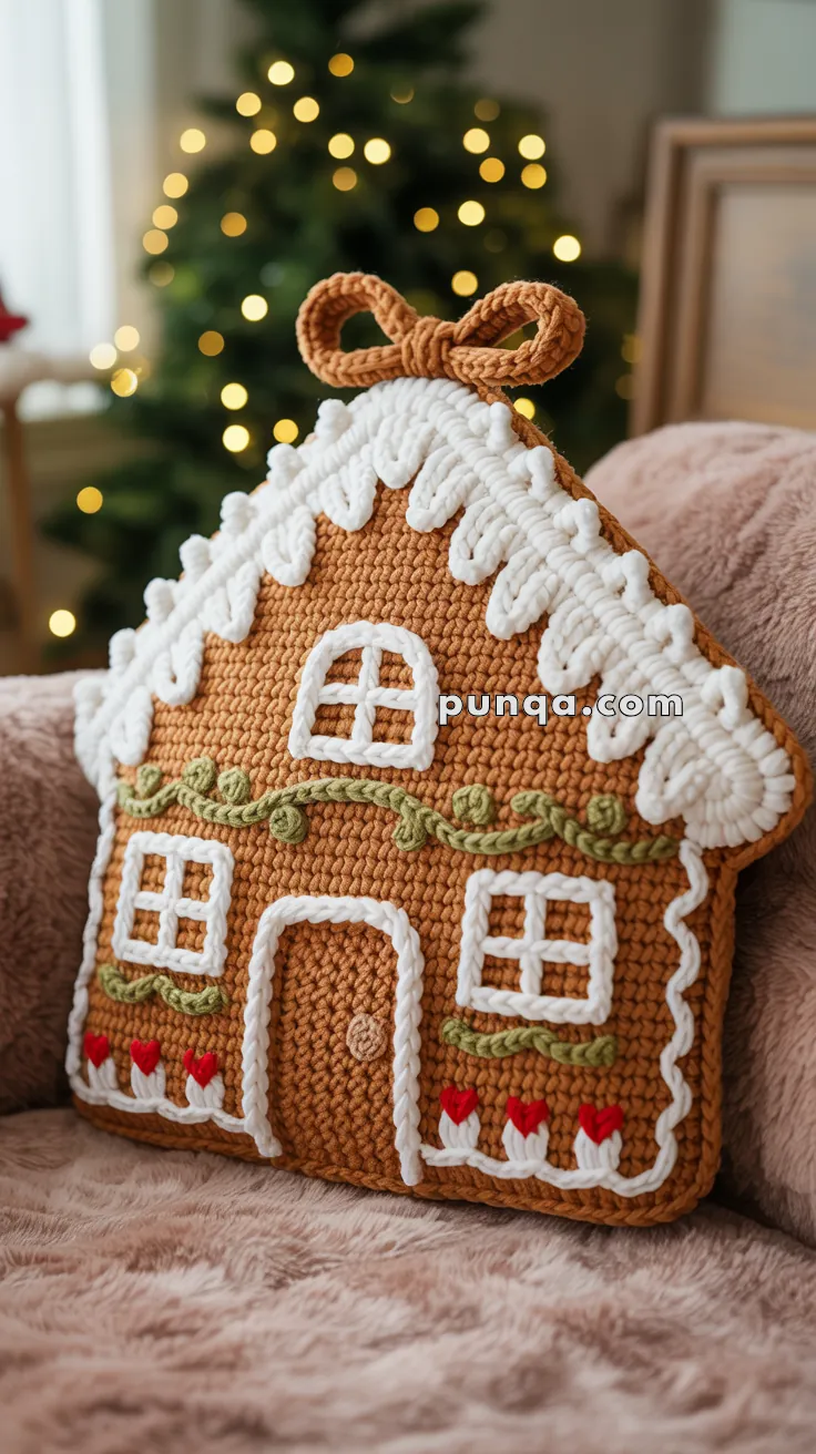 Crocheted pillow shaped like a gingerbread house with white icing details, green vines, and red accents, resting on a plush surface, with a blurred Christmas tree in the background.