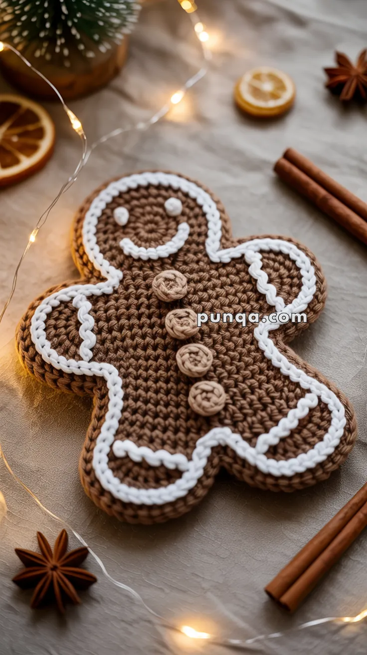 A crocheted gingerbread man with white icing details and three buttons is surrounded by festive decorations, including dried orange slices, star anise, and cinnamon sticks, accompanied by warm fairy lights.