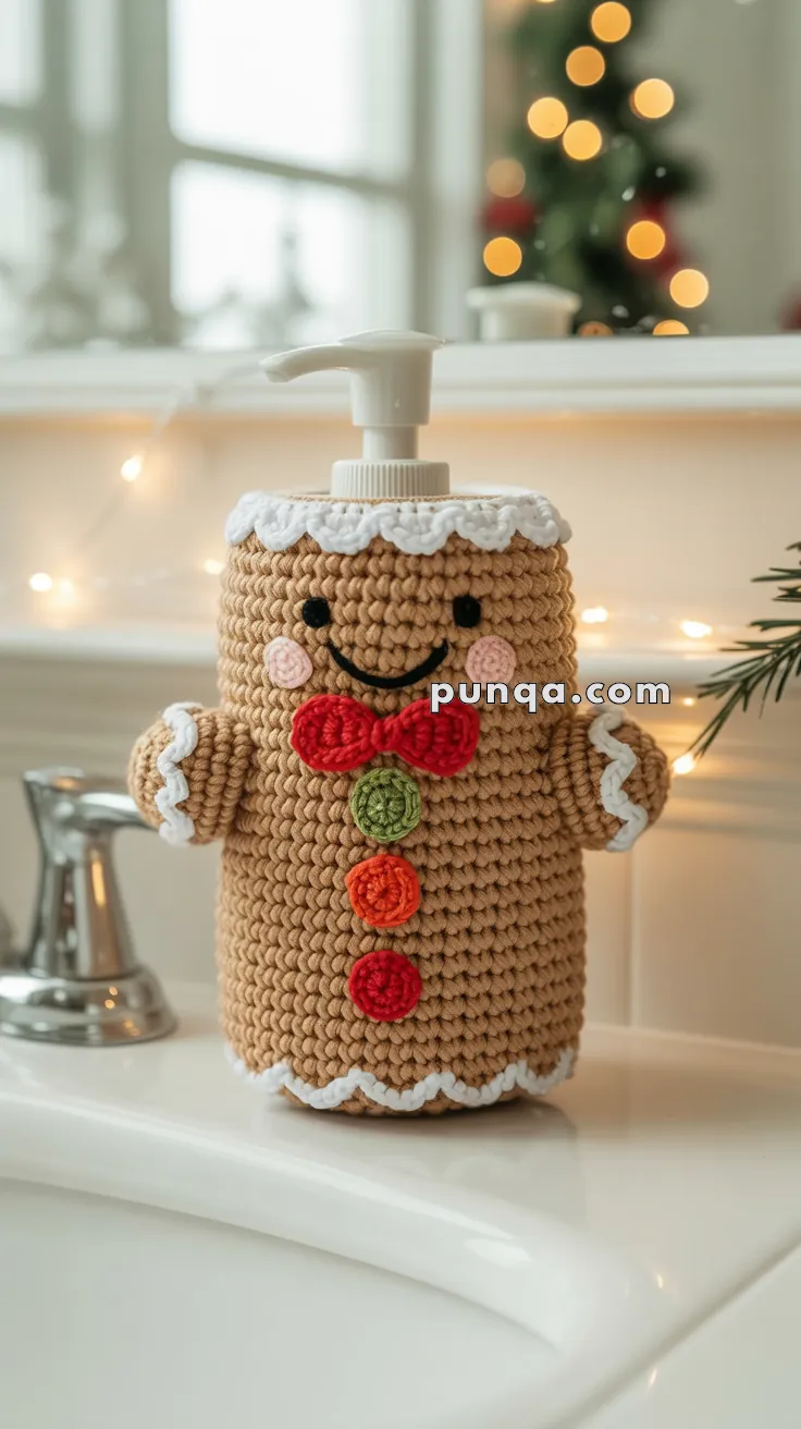 A soap dispenser covered with a crocheted cozy resembling a gingerbread man, complete with a red bow tie and colorful buttons, on a bathroom sink near a holiday-decorated background.